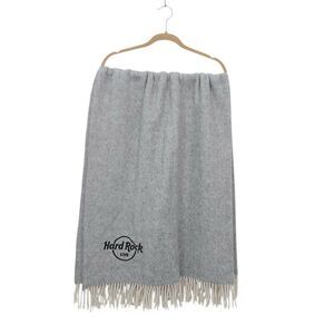 Terry Town Throw Blanket Gray Merino Wool Blend Embroidered Hard Rock Fringed